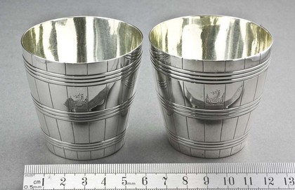 Bateman Silver Barrel Shaped Beakers (Pair) - Ducal Crest, Dalton, Draycott, Codrington